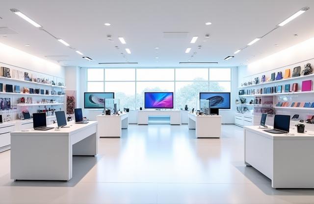 Photo inside a clean, modern electronics retail store