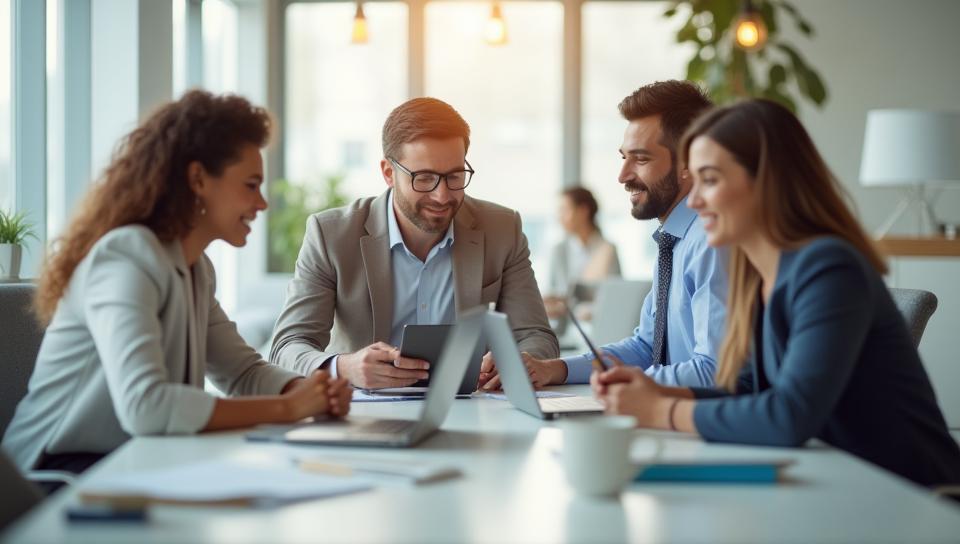 Diverse group of business professionals working together in a modern office setting