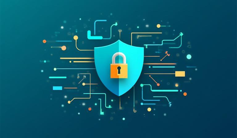 Abstract graphic representing secure data flow and a lock icon